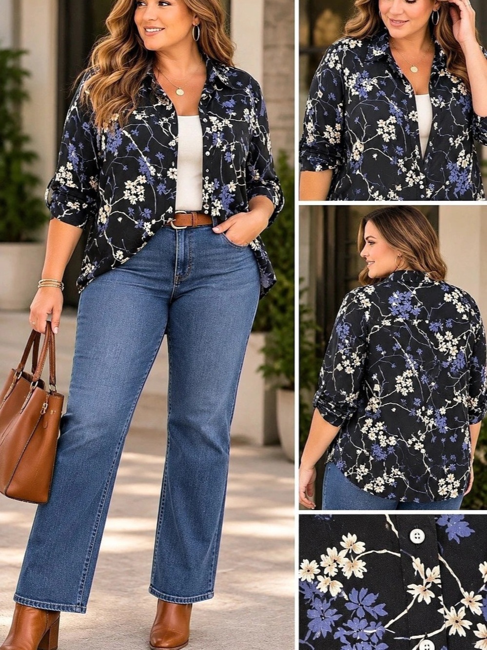 Notations Woman 16W Black Blue Floral Button Down Blouse Long Sleeve